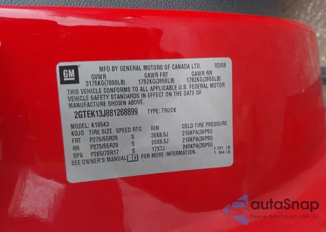 2008 GMC Sierra 1500 Slt from USA, damaged, VIN 2GTEK13J881268899